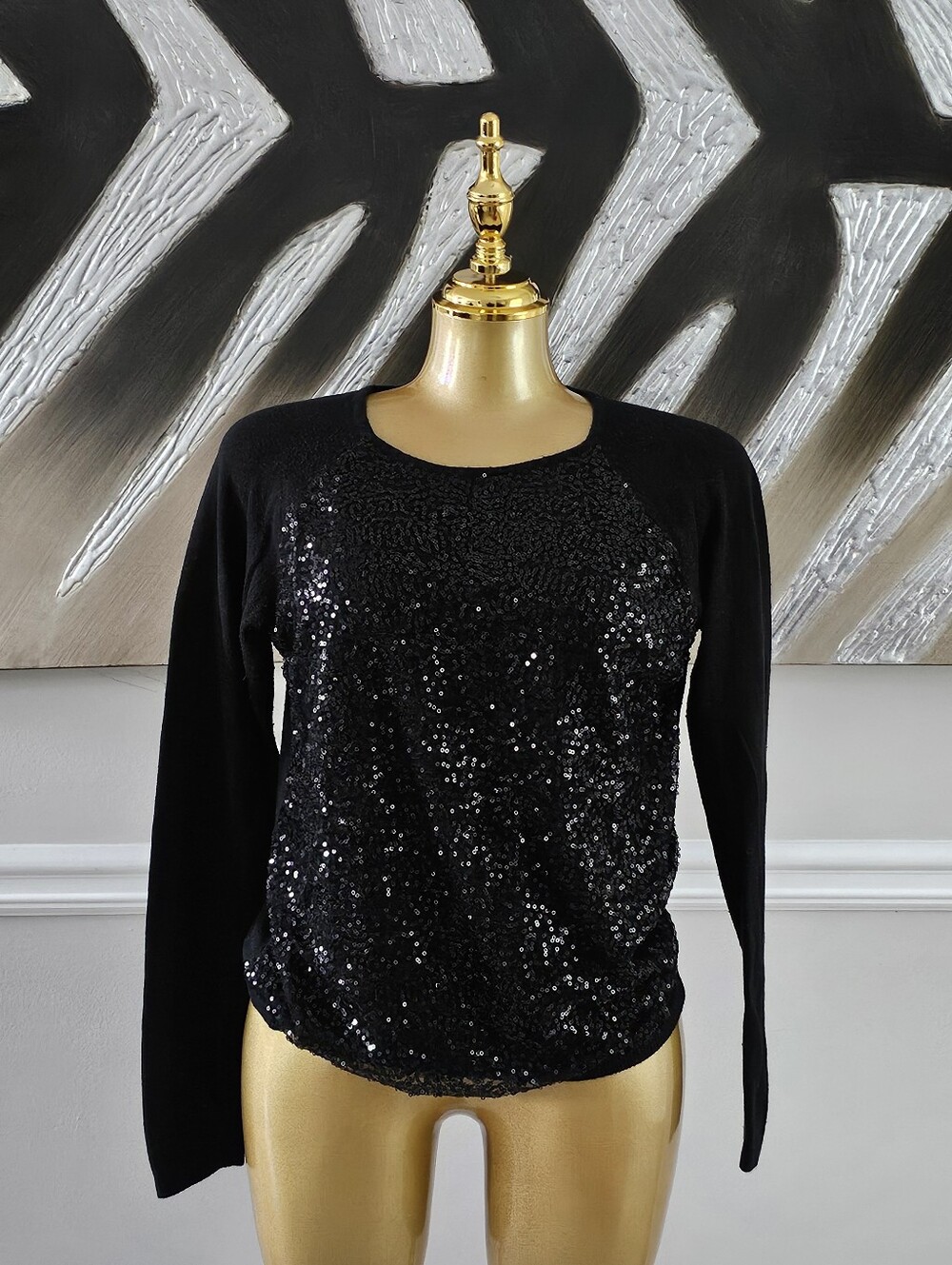 Elle Black Sequin Long Sleeve Top Size Medium